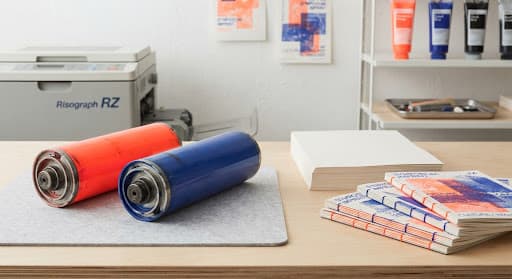 Risograph drums and printed booklets
